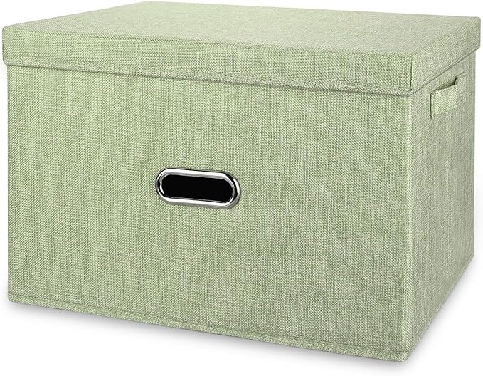 Large Linen Fabric Foldable Storage Bins with Removable Lid and Handles, Washable Storage Box Organizer Containers Baskets Cube with Cover for Bedroom,Office(Green, XXL)-NeatNest