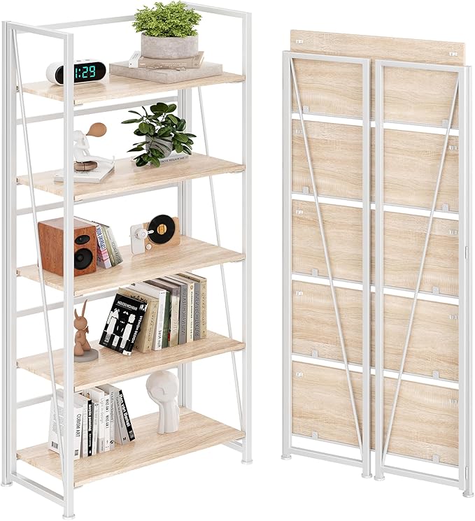BHG Vintage Multifunctional Folding Bookshelf, No-Assembly Plant Stand Storage Rack Shelves for Home Office (White, 5-Tier)-NeatNest