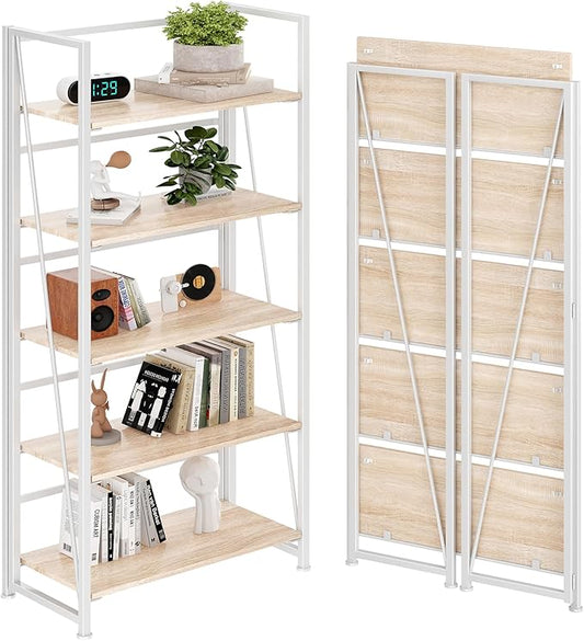 BHG Vintage Multifunctional Folding Bookshelf, No-Assembly Plant Stand Storage Rack Shelves for Home Office (White, 5-Tier)-NeatNest