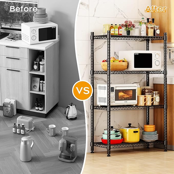 Homeiju 4 Tier Shelving Unit,Heavy-Duty Height Adjustable Storage Rack 1300 LBS Capacity with Adjustable Feet ,Metal Storage Shelves Wire Shelf for Kitchen Garage Laundry ,13.77"D x 35.43"W x 54.33"H