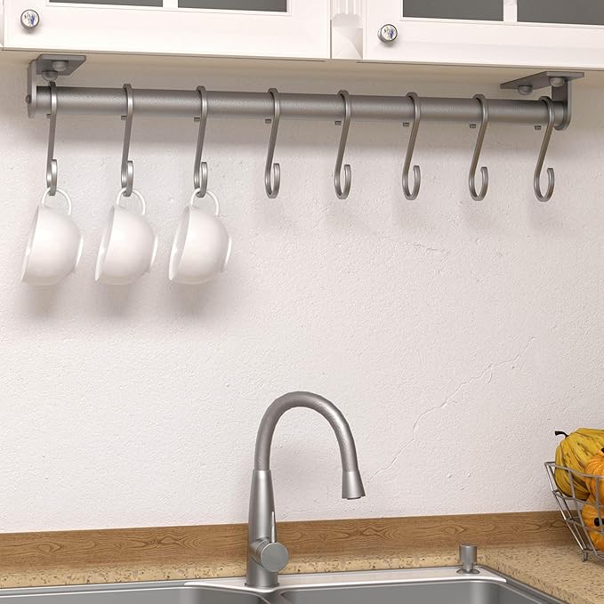 Dseap Kitchen Utensil Holder Hanger, Pot and Pan Rack Wall Mounted, Kitchen Rail with 8 Hooks for Hanging Cooking Utensils, Mugs, Spoons, Wall Mounted, Silver-NeatNest