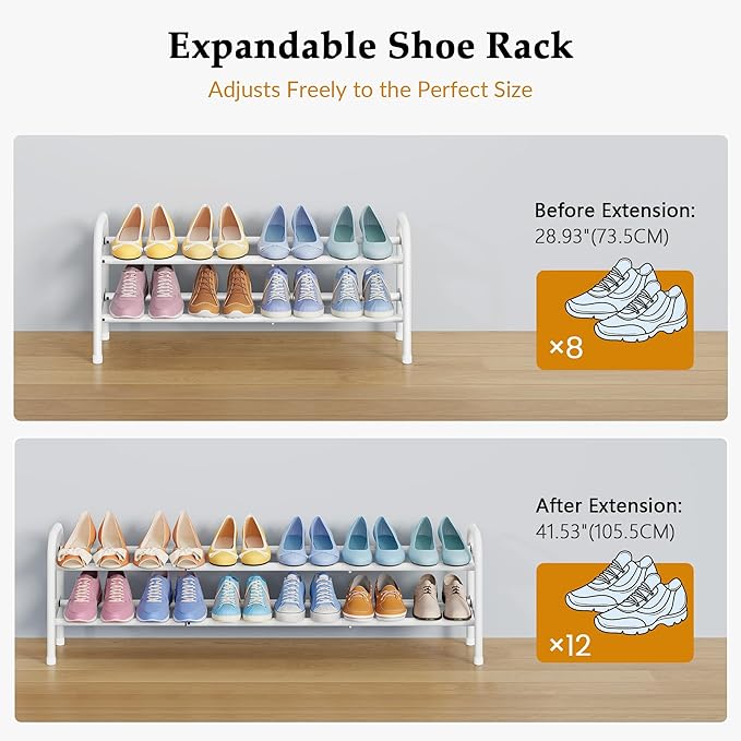 Shoe Rack 2 Tier,41.53'' Adjustable Metal Shoe Organizer for Closet, Bedroom, Entryway,Holds Up to 12 Pairs Shoes,Expandable,White-NeatNest