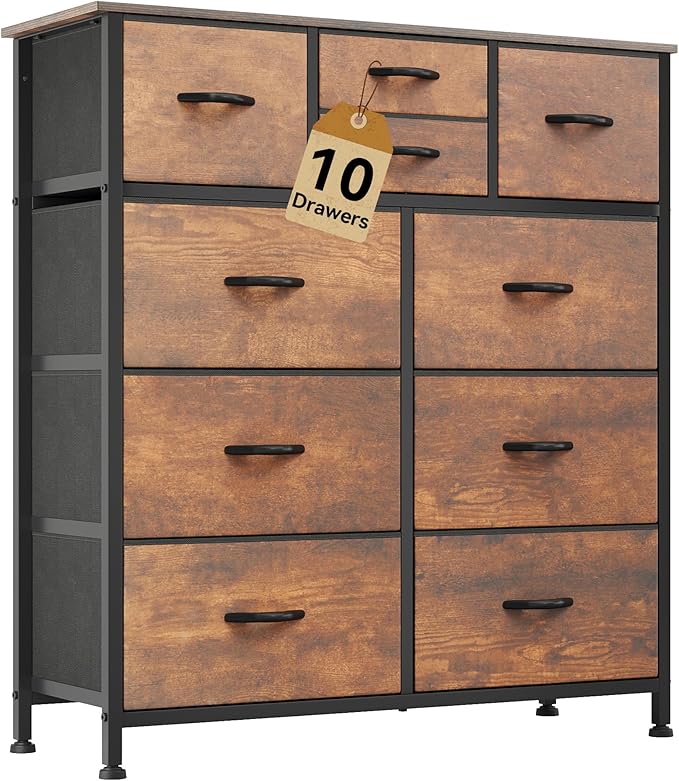 DWVO Dresser with 10 Drawers - Fabric Storage Tower, Organizer Unit for Living Room, Hallway - Sturdy Steel Frame, Wooden Top & Easy Pull Fabric Bins-NeatNest