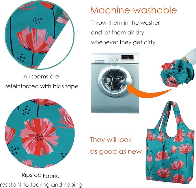 BeeGreen Reusable Grocery Bags 6 Pack, Heavy Duty Totes for Women, Foldable Grocery Bag Large Shopping Totes with Handles for Work, Travel, Gift, Store, Polyester Washable Reusable Tote Bag-NeatNest