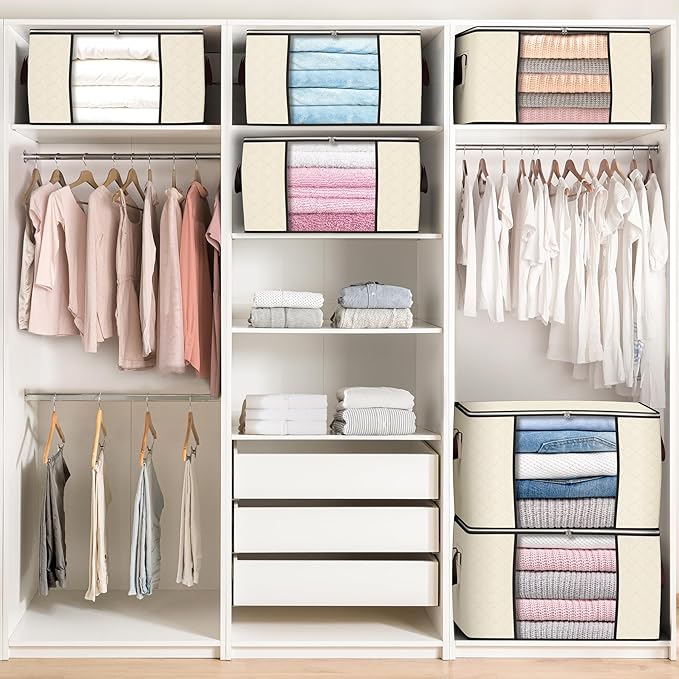 90 L Large Storage Bags, 6 Pack Clothes Storage Bins Foldable Closet Organizers Storage Containers with Reinforced Handle for Clothing, Blanket, Comforters, Bed Sheets, Pillows and Toys (Beige)-NeatNest