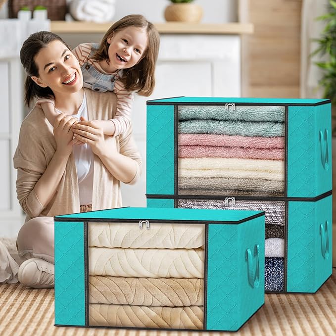 Fab totes 6 Pack Clothes Storage, Foldable Thick Fabric Blanket Storage Bags, Containers for Organizing Bedroom, Closet, Clothing, Comforter,Closet Organization with Handle,Green-NeatNest