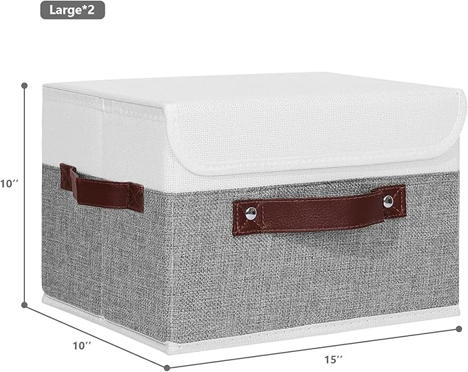 ANMINY 2PCS Storage Boxes with Lid Washable Decorative Storage Bins Basket with PU Leather Handle Foldable Linen Fabric Storage Cubes Containers for Home Closet Organizer - Gray White, Large Size-NeatNest