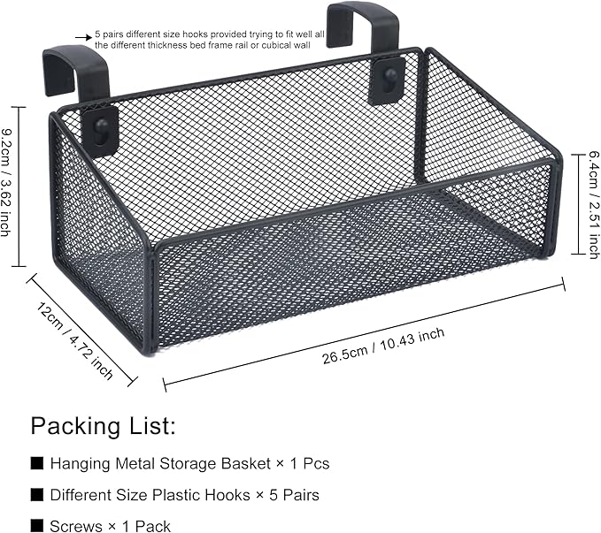 Bedside Caddy Hanging Storage Basket Beside Shelf Metal Organizer for Collage Dorm Bunk Bed,Hospital Bed,Baby Bed - Bedroom Essentials for Magazine,Remote Control,Phone,Drinks (Black)-NeatNest