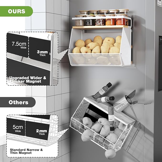 Magnetic Shelf for Fridge with Wide & Thick Magnet, 2 Pack Refrigerator Organizer Basket with Bamboo Top, Storage for Fruit, Potato, Onion, Kitchen, Pantry, Laundry (White, 13.8" x 6.8" x 11.8")