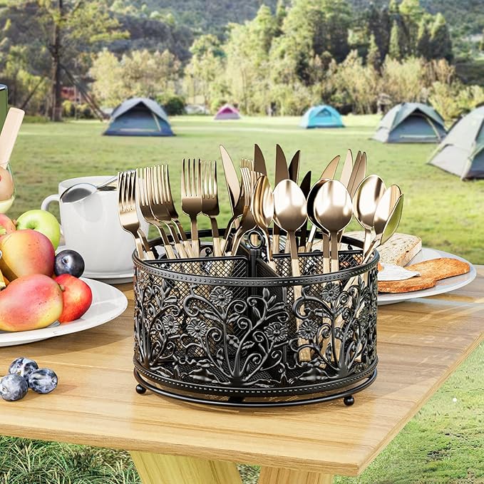 360° Rotating Utensil Caddy - Silverware Cutlery Caddy Holder with 4 Compartment, Metal Flatware Organizer Countertop with Handle for Party Camping Picnic, Kitchen Counter, Office (Black)-NeatNest