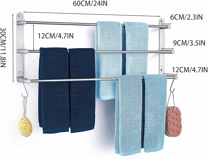 Bath Towel Bar 3-Tiers with Hook 24-Inch 304 Stainless Steel Wall Towel Rack for Bathroom Wall Mounted Towels Shelves,Towel Ladder Holder Brushed Finished (Silver 2)