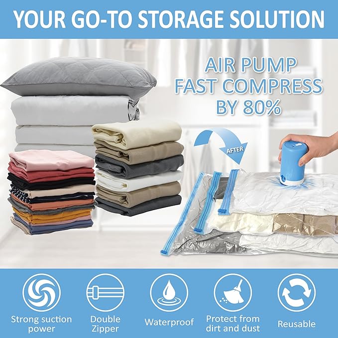 12 Pack Travel Vacuum Storage Bags with Portable Electric Pump, Vacuum Seal Space Saver Bags for Clothing, Vacuum Travel Bags for Luggage-NeatNest