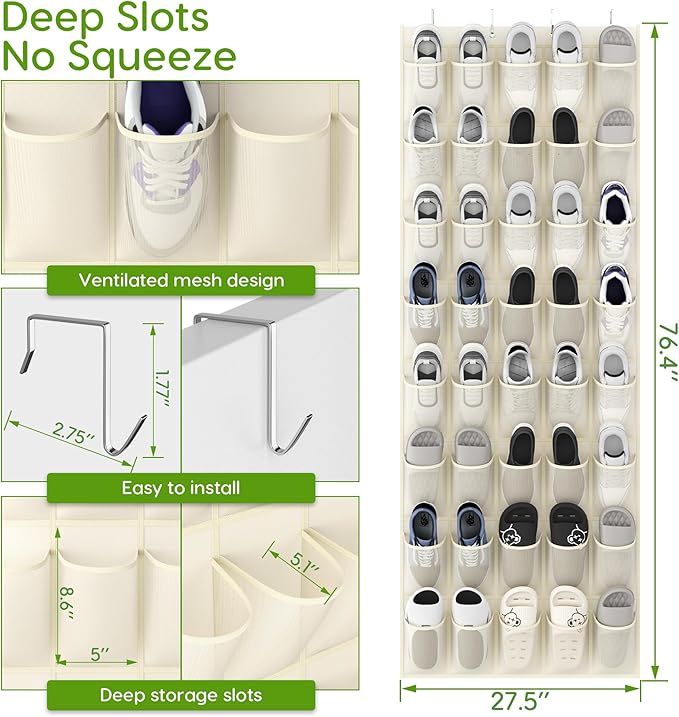 Unjumbly Over the Door Shoe Organizer with 40 Large Breathable Mesh Pockets, Space Saving Shoe Holder, Hanging Shoe Rack for Entryway Bedroom Closet Storage (Beige, 40 Pockets)-NeatNest