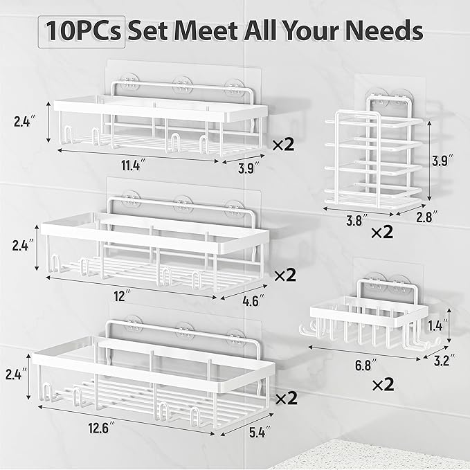 10 Pack Shower Caddy Organizer Rack Shelf for Inside Shower, Self Adhesive Wall Storage Basket Rustproof Stainless Steel Shampoo Holder Bathroom Accessory Decor Set, White-NeatNest