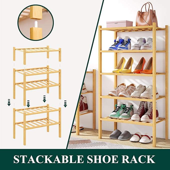 Smiry Shoe Rack, 2 Tier Small Bamboo Shoe Organizer, Stackable Free Standing Wooden Shoe Storage Shelf for Closet, Entryway, Front Door Entrance, Natural-NeatNest