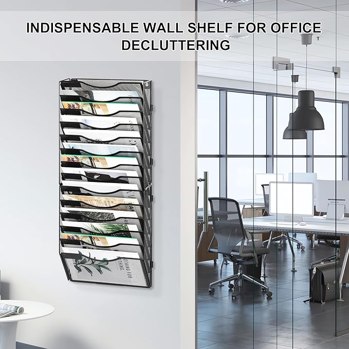 EasyPAG 14 Pocket Wall File Organizer, Black | Metal Mesh Wall Mounted File Holder | Assembly Hanging Mail Organizer | Replaceable Classify Labels | Office Home Letter Size Paper Storage