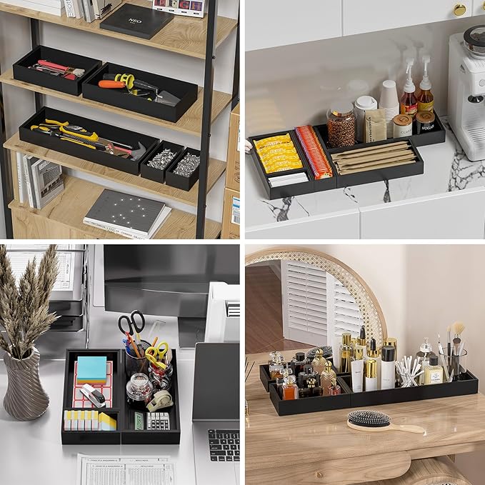 Bamboo Drawer Organizer, Narrow Silverware Organizer for Kitchen, Stackable Utensil Organizer, 2 Pcs Flatware Organizer, Wooden Storage Box Tray (Black, 12 X 3 X 2 Inch)-NeatNest