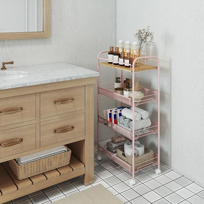 Sekey 4 Tier Rolling Cart Metal, Snap-Together Utility Cart on Wheels, Heavy Duty Storage Cart with Universal Wheels for Baby Nursery, Bathroom, Kitchen, Laundry Room, Pink