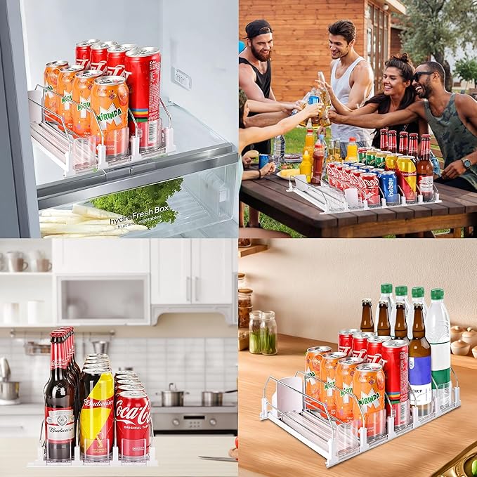 Drink Organizer for Fridge, Soda Can Organizer Dispenser for Refrigerator with Automatic Pusher Glide, Width Adjustable Clear Dividers Can Holder for 25 Cans, 15''D x16.6''W, 5 Rows