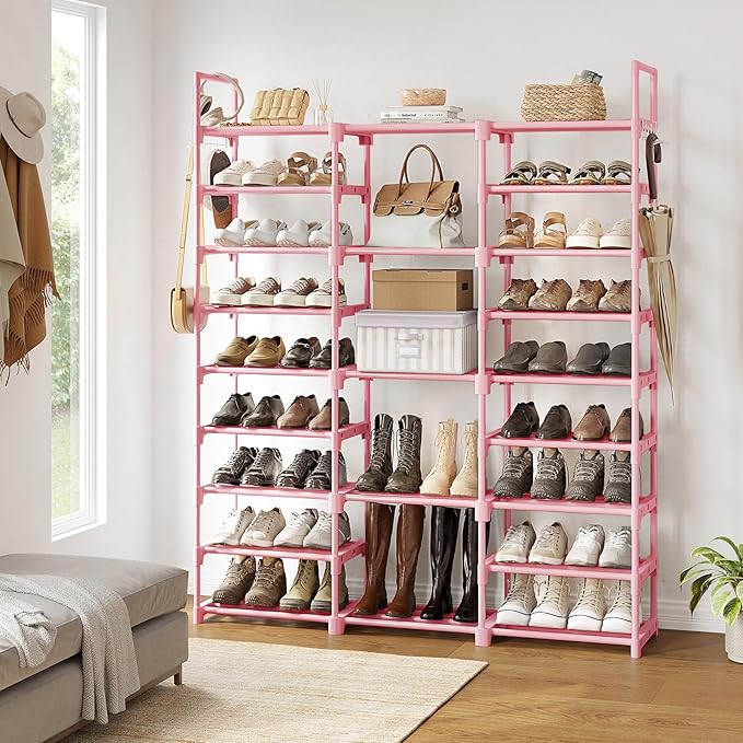 WOWLIVE 9 Tiers Large Shoe Rack Storage Organizer for Closet 50-55 Pairs Shoe Tower Unit Shelf Stackable Shoe Rack with Metal Pipes Plastic Connectors Pink-NeatNest