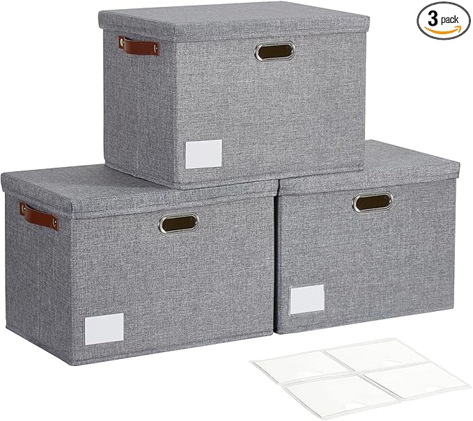 17" Large Collapsible Storage Bins with Lids, Stackable Closet Organizers with PU Handle and Labels, 3-Pack Decorative Fabric Storage Boxes for Home, Bedroom, Closet, Office, Nursery(Gray)-NeatNest