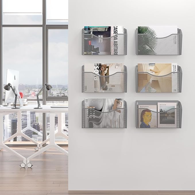 EasyPAG 6 Pack Wall File Holder, Single Mesh Hanging File Organizer for A4 Letter Size Paper, Wall Mount Paperwork Basket for Office, Home, School, Silver