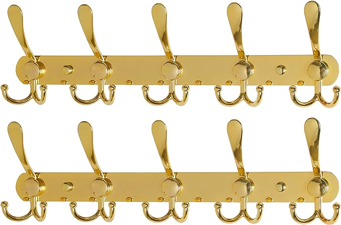 Dseap Coat Rack Wall Mounted - 5 Tri Hooks, Heavy Duty, Stainless Steel, Metal Coat Hook Rail for Coat Hat Towel Purse Robes Mudroom Bathroom Entryway (Gold, 2 Packs)-NeatNest