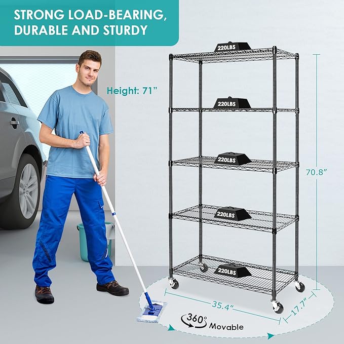5 Tier Wire Shelving Unit, Adjustable Metal Storage Rack, Mobile Wire Shelves for Kitchen, Laundry, Bathroom, Pantry, Closet Organization (17.7" D x 35.5" W x 71" H, Black)