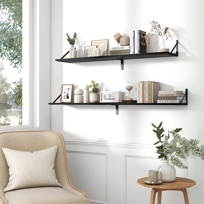 Fun Memories Deep Floating Shelves for Wall, 48W x 8D Wall Mounted Shelves Set of 2, Wide Display Ledge Shelf with Sturdy Metal Brackets for Living Room, Bathroom, Bedroom and Kitchen, Black-NeatNest