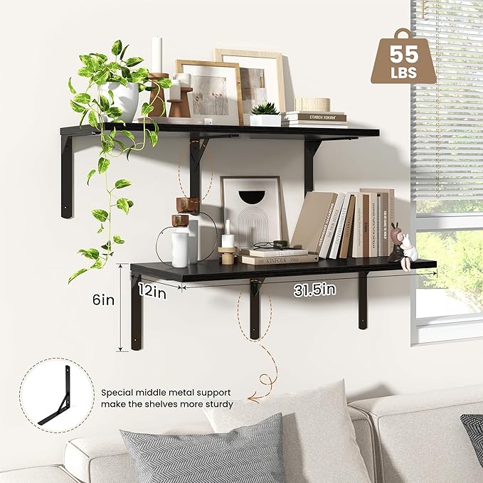 Fun Memories Floating Shelves for Wall, 12 Inch Deep Floating Shelves Set of 2, Wall Mounted Shelf with Metal Brackets, Rustic Wood Wide Shelf for Bathroom, Kitchen and Living Room, Black, 32W x 12D-NeatNest