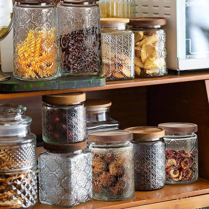 24 OZ/2 PCS Glass Storage Jar with Airtight Bamboo Wooden Lids, Vintage Food Containers Canisters Sets for Kitchen Counter Pantry, Sugar, Flour, Candy, Tea, Coffee Beans, Oats, Grain Bin, Pasta,