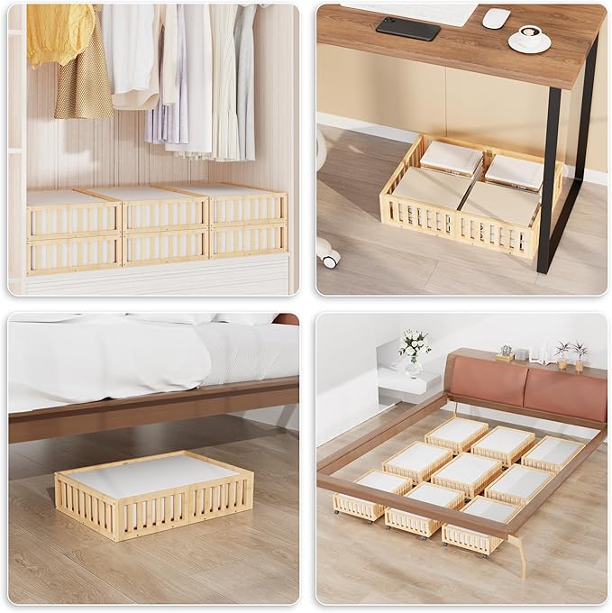 Bamboo Under Bed Storage with Wheels (2-Pack) – Rolling Underbed Shoe Organizer Box for Shoes, Blankets, Toys, Clothes Container Space-Saving Organizer Bins for Bedroom, Closet, Dorm, Nursery-NeatNest