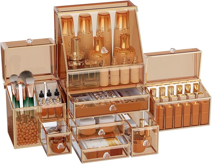 Extra Large Makeup Organizer, Glass Cosmetic Storage with Drawers, Stackable Makeup and Jewelry Organizer for Vanity Table, Bathroom Countertop, Skincare, Lipsticks, Perfume, Brushes