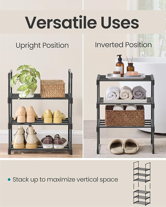 SONGMICS Shoe Rack, 3-Tier Shoe Organizer, Metal Storage Shelf, Upright or Upside Down, for 4-8 Pairs, Stackable, for Entryway, 11.8 x 16.7 x 21.5 Inches, Black ULSA003B01-NeatNest