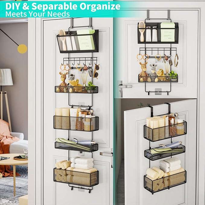 HapiRm Over Door Organizer Hanging - 6 Tier Over The Door Storage with Visual Pockets & Hooks, with 4 Metal Large Capacity Baskets for Bathroom Bedroom Kitchen Pantry Cabinet