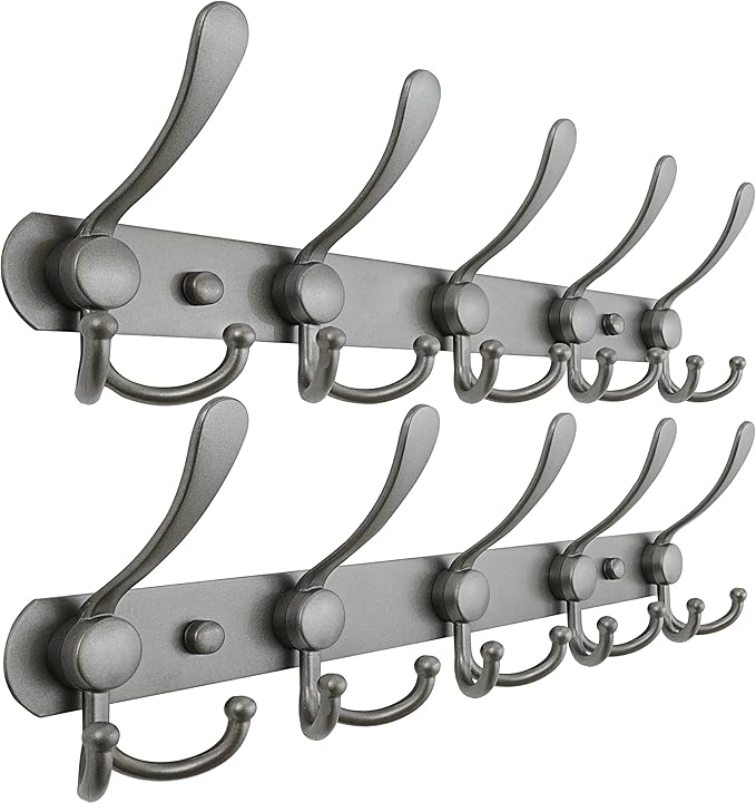 Dseap Coat Rack Wall Mounted - 5 Tri Hooks, Heavy Duty, Stainless Steel, Metal Coat Hook Rail for Coat Hat Towel Purse Robes Mudroom Bathroom Entryway (Grey, Pack of 2)-NeatNest