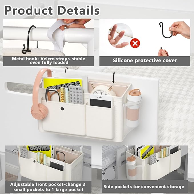 Bedside Caddy Bedside Organizer with Fixed Straps & Water Bottle Holder, Bunk Bed Caddy ideal for Home, Dorm, Hospital, Crib, Versatile Bedside Storage Solution (White)-NeatNest