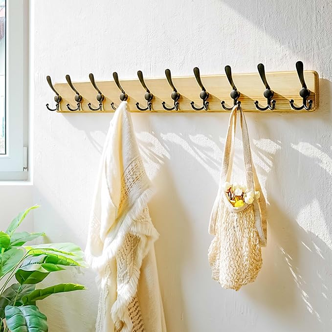 Dseap Coat Rack Wall Mount - 38-1/4" Long, Heavy-Duty, 10-tri-Hooks, Rustic Wooden Wall Coat Hanger Hook Rail for Winter Coats Hat Jacket Clothing, Light Brown & Black, Pack of 2