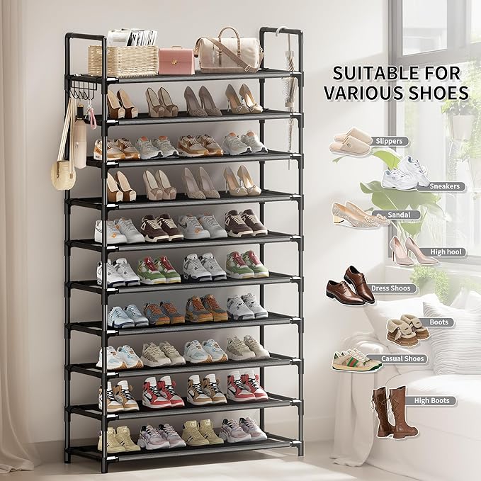 Shoe Rack, 10 Tier Shoe Storage Organizer with Hooks,Fit 40-45 Pairs Shoes,Metal Tall Shoe Shelf for Closet,Entryway, Hallway,Garage,Bedroom,Cloakroom-NeatNest