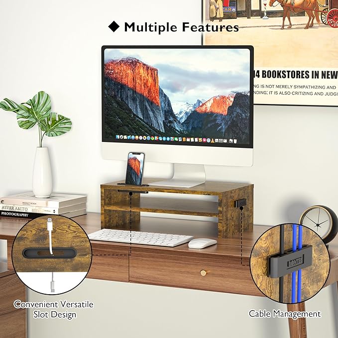 BONTEC Wooden Monitor Stand Riser, 2-Tier Desk Shelf with Storage Organizer, Ergonomic Computer Stand with Cable Management, Cellphone Holder, Vintage Brown, 16.5 Inch-NeatNest