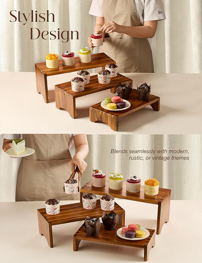 Acacia Wood Risers Display Stands Set of 3 - Wooden 3 Tier Cupcake Stand - 3 Tiered Riser for Vendors - Decorative Display Risers for Food Desserts Stand, Perfume, Funko POP at Party Wedding-NeatNest