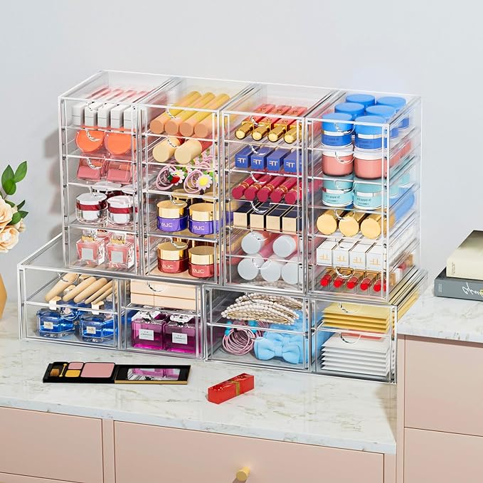 2 Pack Desk Organizers, Makeup Organizer Storage With 7 Drawers, Desktop Office Supplies, Clear Desk Accessories, Dustproof Drawer Organizer and Storage for Make Up, Jewelry, Pen, Desktop Stationary