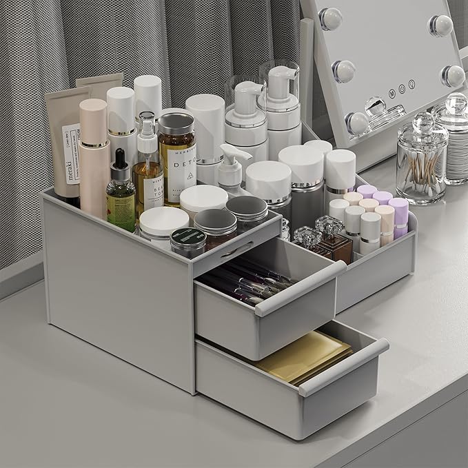 Makeup Organizer Countertop, Vanity Organizer with Drawers for Cosmetics, Skincare, Brushes, Perfume, Skincare Organizer for Vanity, Perfume Organizer for Dresser, Bathroom (Grey&2 Drawers)-NeatNest