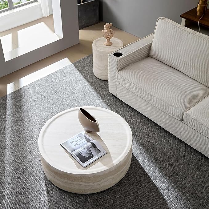 Coffee Table and Side Table Set, Round Faux Marble Coffee Table Set of 2 for Living Room, Luxury Circle End Table Modern Drum Center Tables for Apartment Office