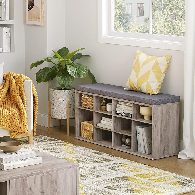 DINZI LVJ Shoe Storage Bench with Cushion, Cubby Rack with 12 Cubbies, Adjustable Shelves, Multifunctional Organizer Bench for Entryway, Mudroom, Hallway, Closet and Garage, Greige-NeatNest
