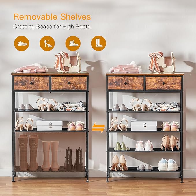 usikey Shoe Rack, 5 Tier Shoe Storage Organizer with 2 Drawers, Metal Shoe Shelf for 12-16 Pairs of Shoes, with 4 Fabric Shelves and Wooden Top, Shoe Stand for Closet Entryway, Rustic Brown-NeatNest