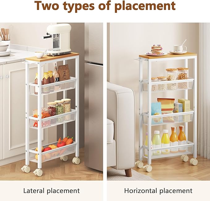 Hoctieon Slim Rolling Storage Cart, 4-Tier Narrow Kitchen Storage Cart with Handle & Wheels, Mobile Shelving Unit, Wooden Top & Metal Frame, Utility Cart for Kitchen, Small Spaces, Oak Beige