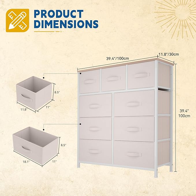 DWVO Dresser with 9 Drawers - Fabric Storage Tower, Organizer Unit for Living Room, Hallway - Sturdy Steel Frame, Wooden Top & Easy Pull Fabric Bins-NeatNest