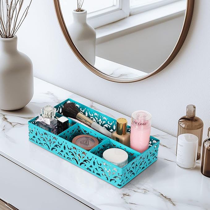 EasyPAG Desk Drawer Organizer with 4 Compartments, Carved Hollow Floral Metal Tray for Office, Jewelry, Cosmetics - No Assembly, Dark Teal-NeatNest