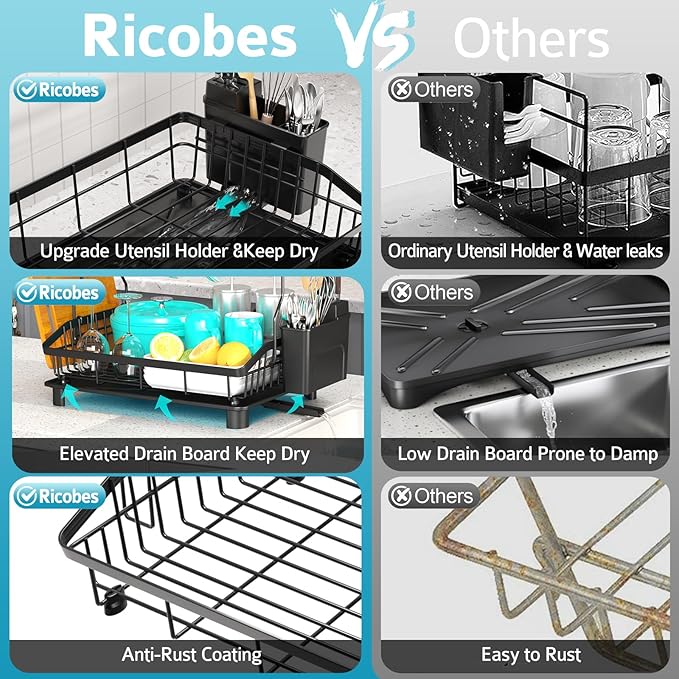 Dish Drying Rack - 2 Tier Large Capacity Dish Rack- Dish Racks for Kitchen Counter with Drainboard, Rustproof Dish Drainer with Removable Utensil Holder,Cutting Board Holder,Cup Holder, Black